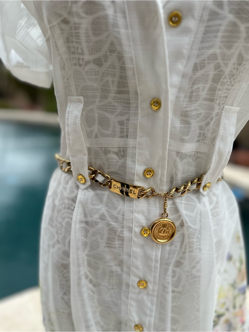 Authentic Vintage CHANEL gold chain white leather medallion belt